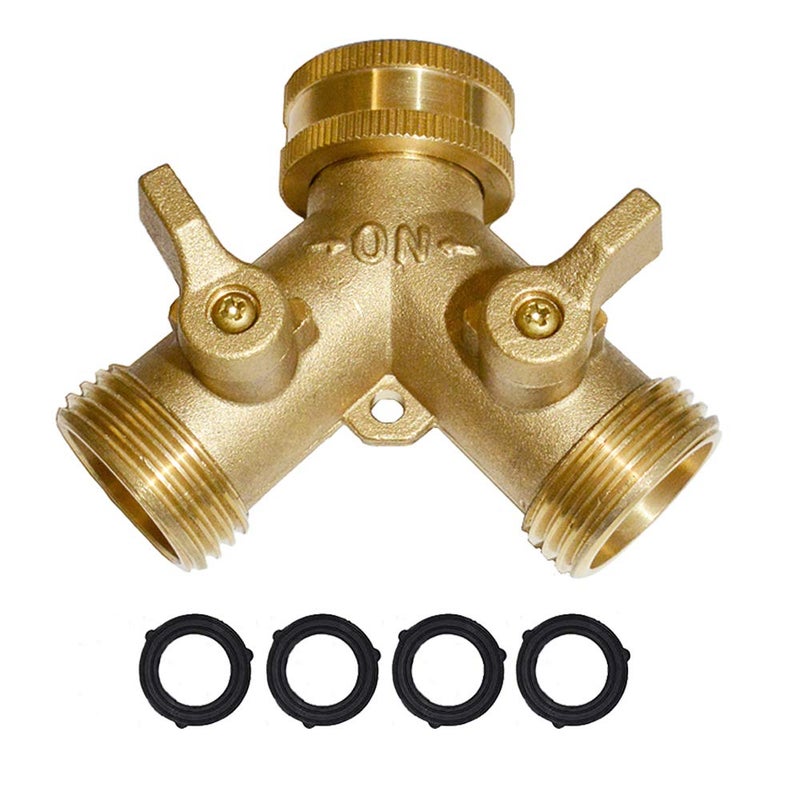 HQMPC Brass Garden Hose Y Valve Hose Splitter Water Garden Hose Adapter 2 Way 3/4"" GHT Thread - Image 1